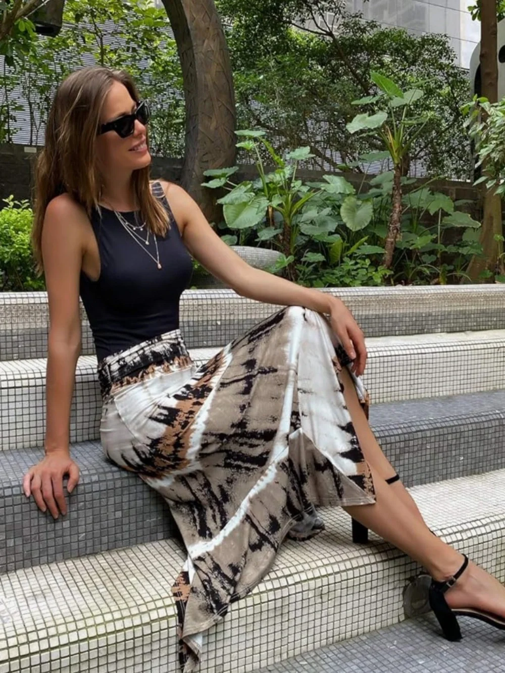 Asymmetrical Tie-Dye Maxi Skirt in Brown & Black - Picture 5 of 5